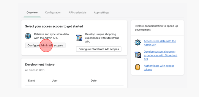 Configure Admin API Scopes button in Shopify