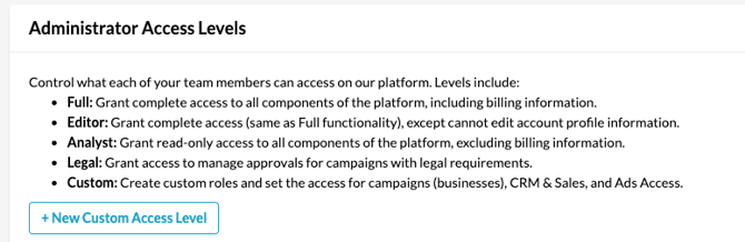 The 5 different access levels for Tradable Bits accounts; Full, editor, analyst, legal, custom