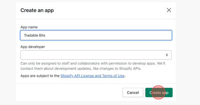 Selecting a name for your new Shopify app, such as Tradable Bits