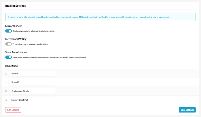 Bracket Settings include mirrored view, incremental votin and show round names