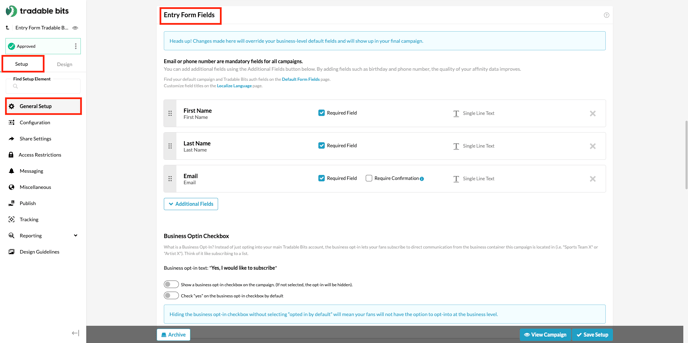 Navigate to Setup &gt; General Setup and scroll to Entry Form Fields.
