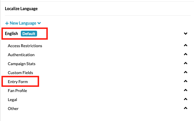 On the right side menu, choose your preferred Language
A dropdown menu will display categories of fields, click your Entry Form