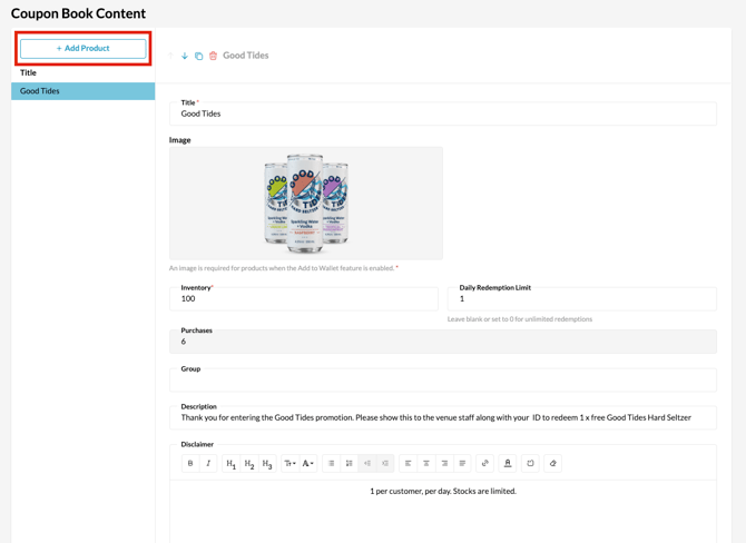 Coupon Book > Content > Add Product
