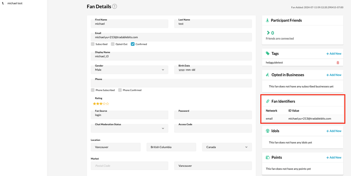 Fan Identifiers section of individual fan profile