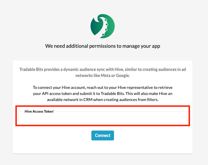 Enter the access token provided by your Hive representative in the Hive Access Token field.