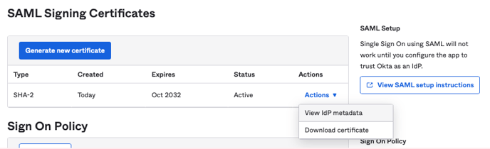 If clicking on the "View SAML setup instructions" button doesn't redirect you correctly, you can also view your Metadata file by choosing "Actions > View IdP metadata."