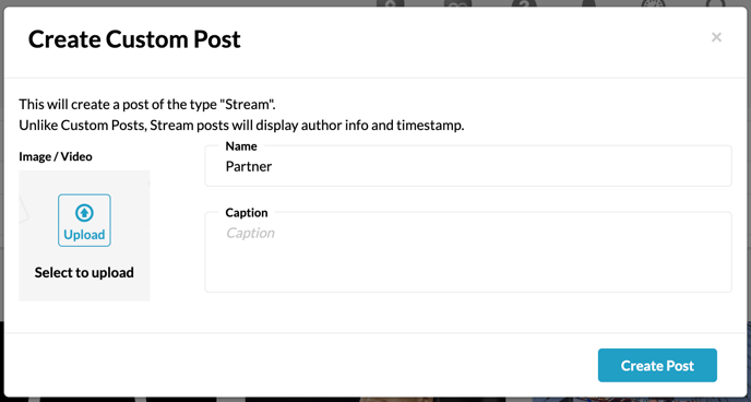 With the Import Image / Video option, you can manually add an image or video. Simply upload your image/video, then add a name and caption. This will create a "Stream" post, which, unlike Custom Posts, includes author information and a timestamp.