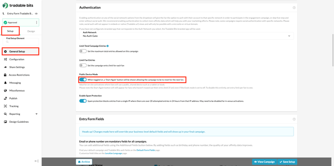 To find the Public Device Mode toggle, navigate to your chosen Campaign > Setup > General Setup > Authentication.