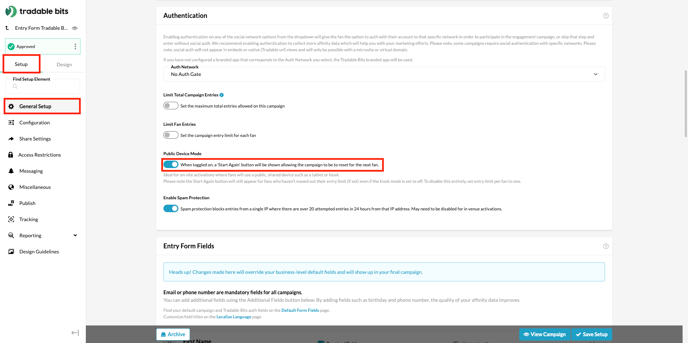 To find the Public Device Mode toggle, navigate to your chosen Campaign > Setup > General Setup > Authentication.