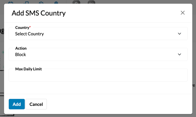 Add SMS Country to SMS Markets>User Access Management