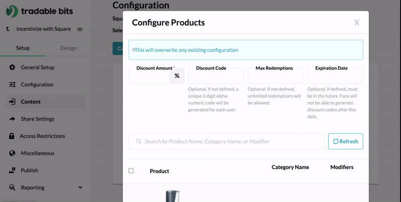 Demonstration of adding products to your Incentivize with Square campaign