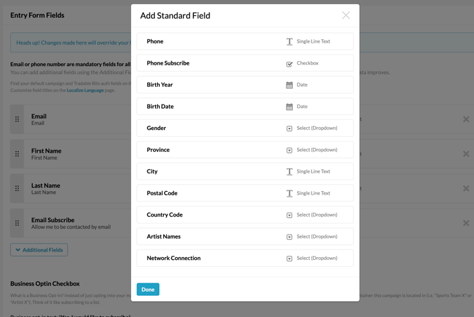 Standard field options