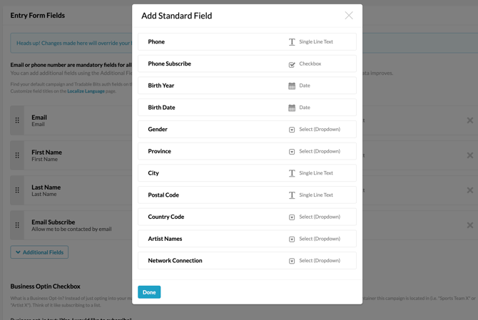 Standard field options