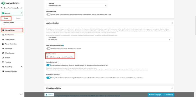 To disable entry limits, navigate to your desired Campaign &gt; Setup &gt; General Setup &gt; Authentication and ensure the "Limit Fan Entries" toggle is off.