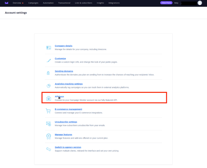 API Keys on Campaign Monitor account settings