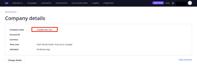 Company name and details found in Campaign Monitor account
