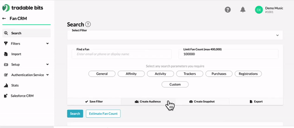 Gif of how to search by Affinity in Fan CRM