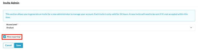 A checkbox is required to grant a new admin permission to export