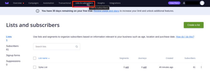 Nav bar showing Lists &amp; Subscribers section